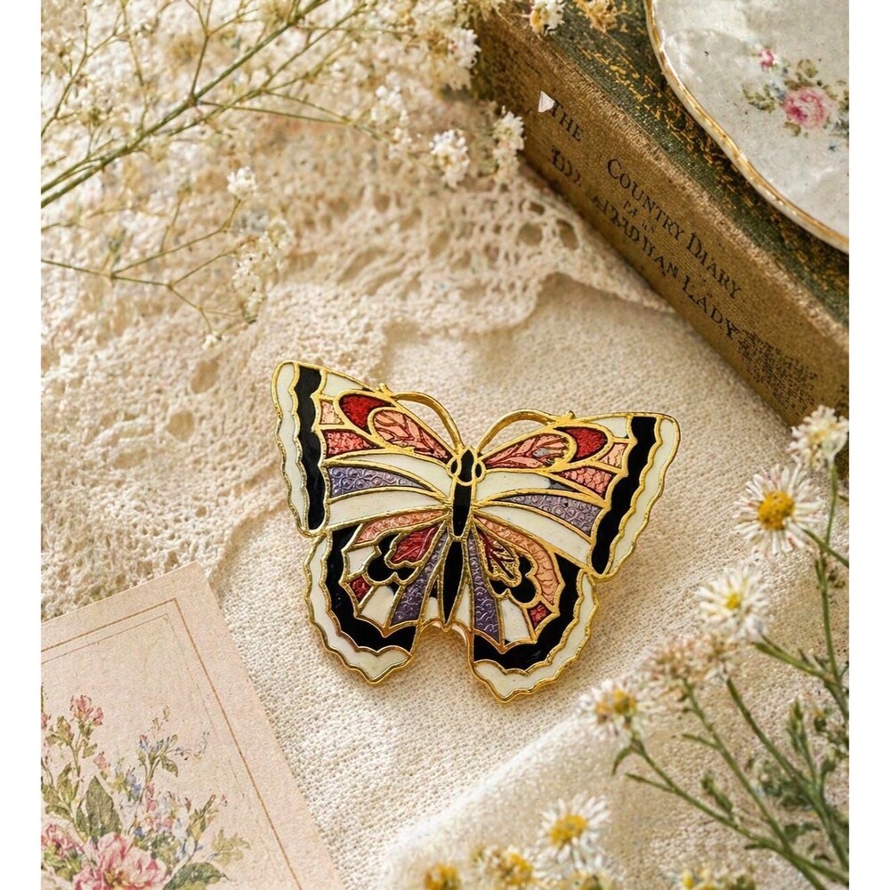 Vintage Butterfly Brooch, Cloisonné Enamel Pin, Colorful Gold Tone Nature